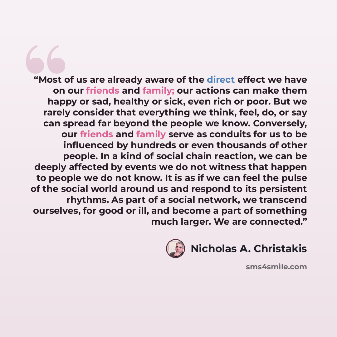 “Most of us are already aware of the direct effect we have on our friends and family; our actions can make them happy or sad, healthy or sick, even rich or poor. But we rarely consider that everything we think, feel, do, or say can spread far beyond the people we know. Conversely, our friends and…” quote by Nicholas A. Christakis