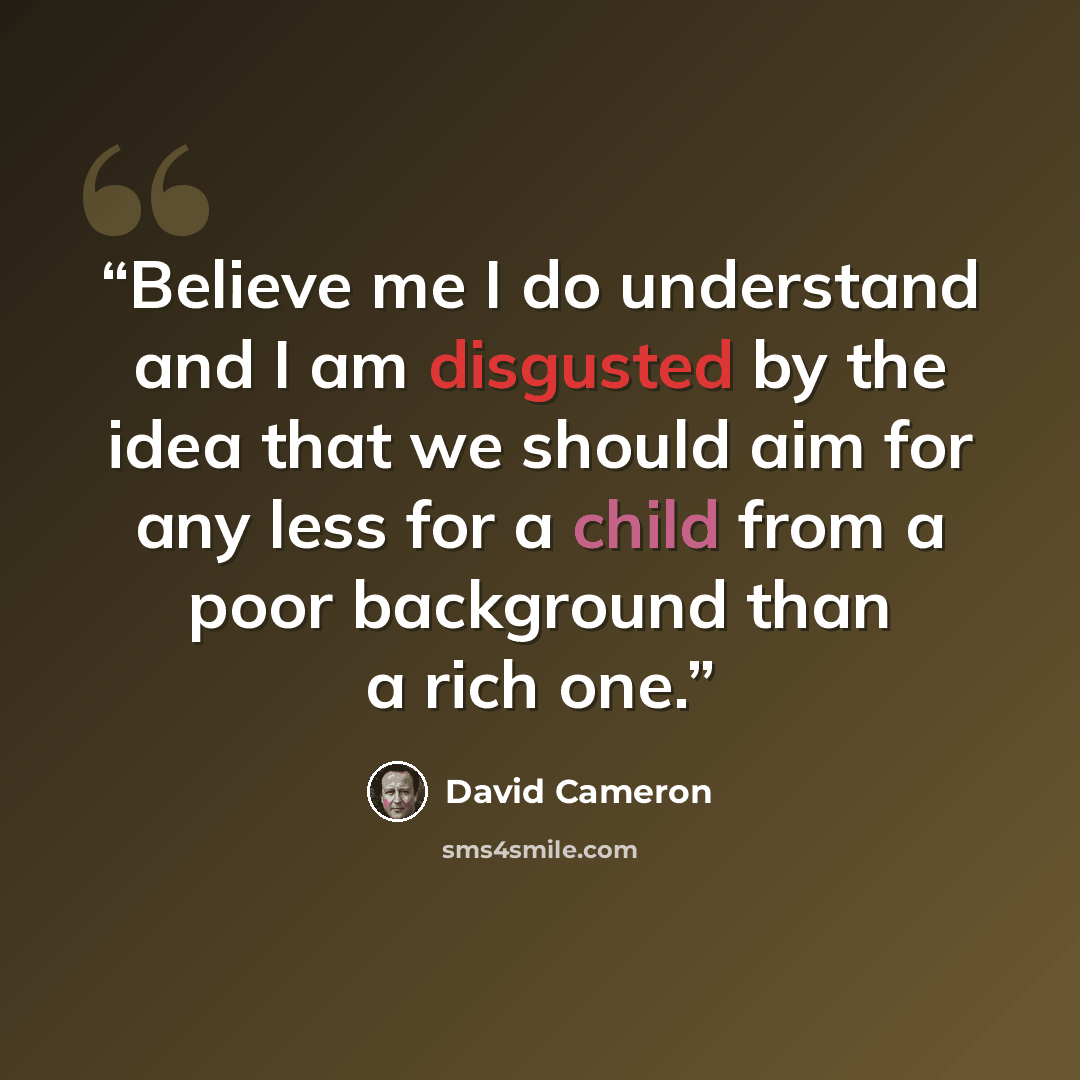 “Believe me I do understand and I am disgusted by the idea that we should aim for any less for a child from a poor background than a rich one.” quote by David Cameron