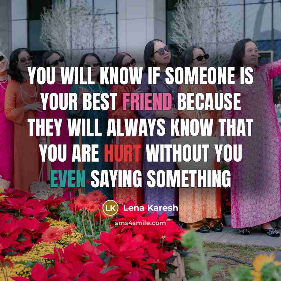 “You will know if someone is your best friend because they will always know that you are hurt without you even saying something” quote by Lena Karesh