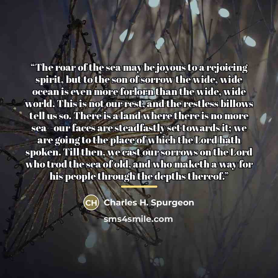 “The roar of the sea may be joyous to a rejoicing spirit, but to the son of sorrow the wide, wide ocean is even more forlorn than the wide, wide world. This is not our rest, and the restless billows tell us so. There is a land where there is no more sea--our faces are steadfastly set towards it; we…” quote by Charles H. Spurgeon