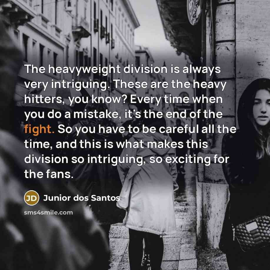 “The heavyweight division is always very intriguing. These are the heavy hitters, you know? Every time when you do a mistake, it's the end of the fight. So you have to be careful all the time, and this is what makes this division so intriguing, so exciting for the fans.” quote by Junior dos Santos