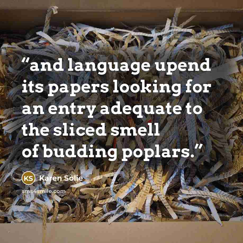 “and language upend its papers looking for an entry adequate to the sliced smell of budding poplars.” quote by Karen Solie