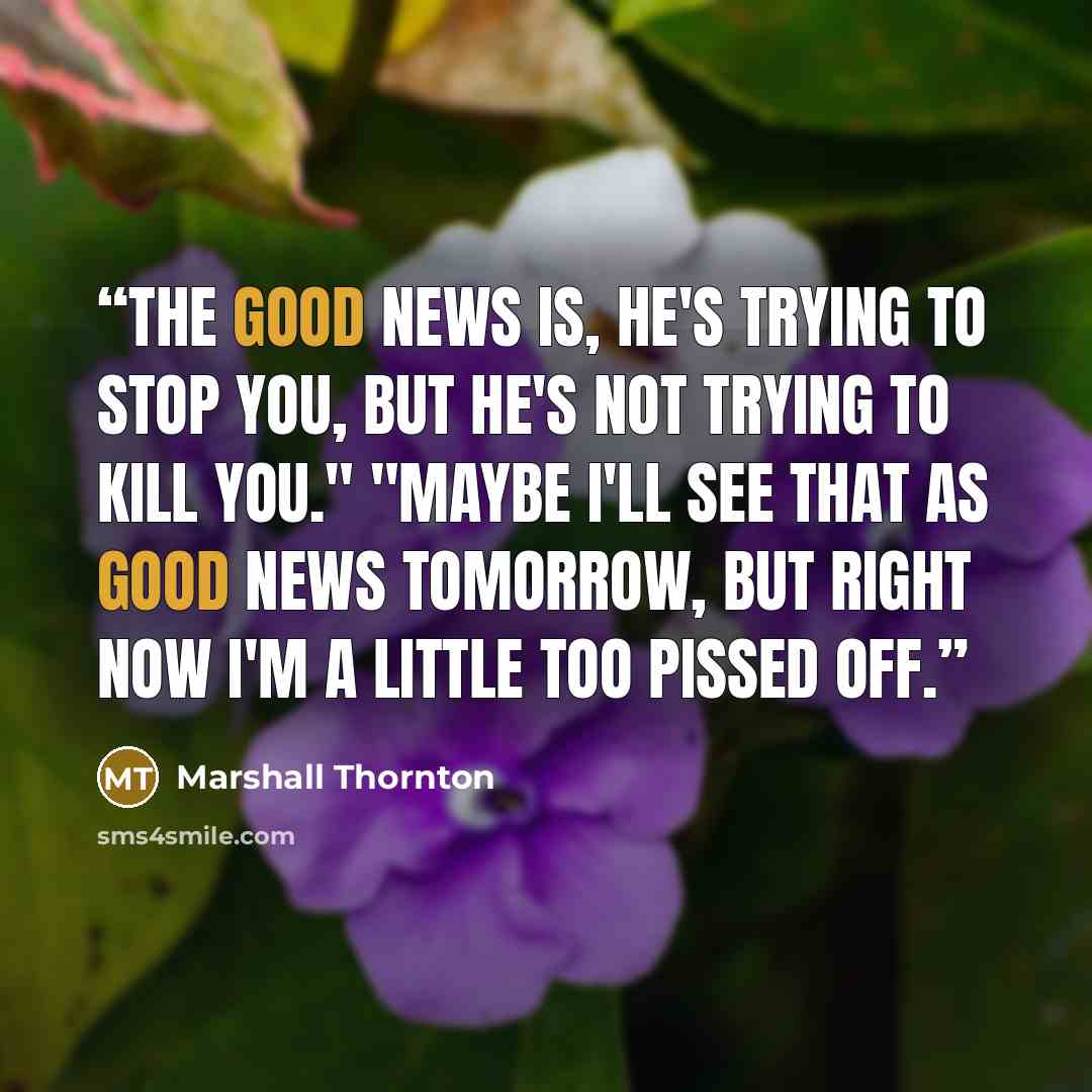 “The good news is, he's trying to stop you, but he's not trying to kill you." "Maybe I'll see that as good news tomorrow, but right now I'm a little too pissed off.” quote by Marshall Thornton