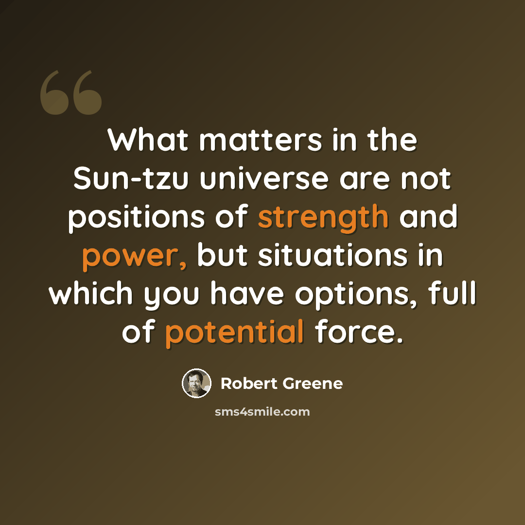 “What matters in the Sun-tzu universe are not positions of strength and power, but situations in which you have options, full of potential force.” quote by Robert Greene