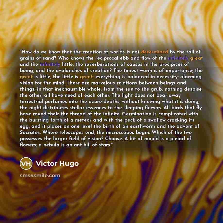 “How do we know that the creation of worlds is not determined by the fall of grains of sand? Who knows the reciprocal ebb and flow of the infinitely great and the infinitely little, the reverberations of causes in the precipices of being, and the avalanches of creation? The tiniest worm is of…” quote by Victor Hugo