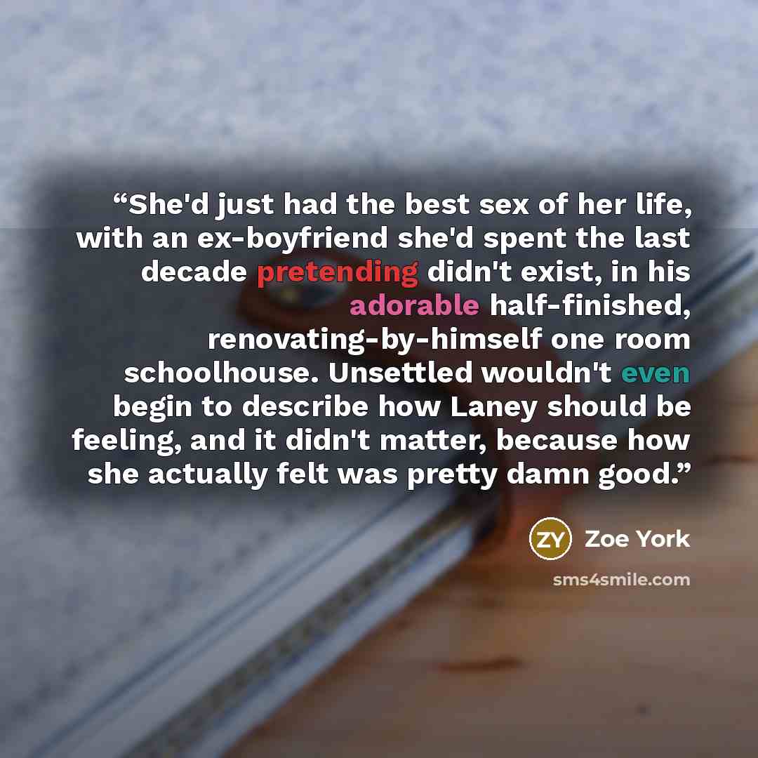 “She'd just had the best sex of her life, with an ex-boyfriend she'd spent the last decade pretending didn't exist, in his adorable half-finished, renovating-by-himself one room schoolhouse. Unsettled wouldn't even begin to describe how Laney should be feeling, and it didn't matter, because how she…” quote by Zoe York