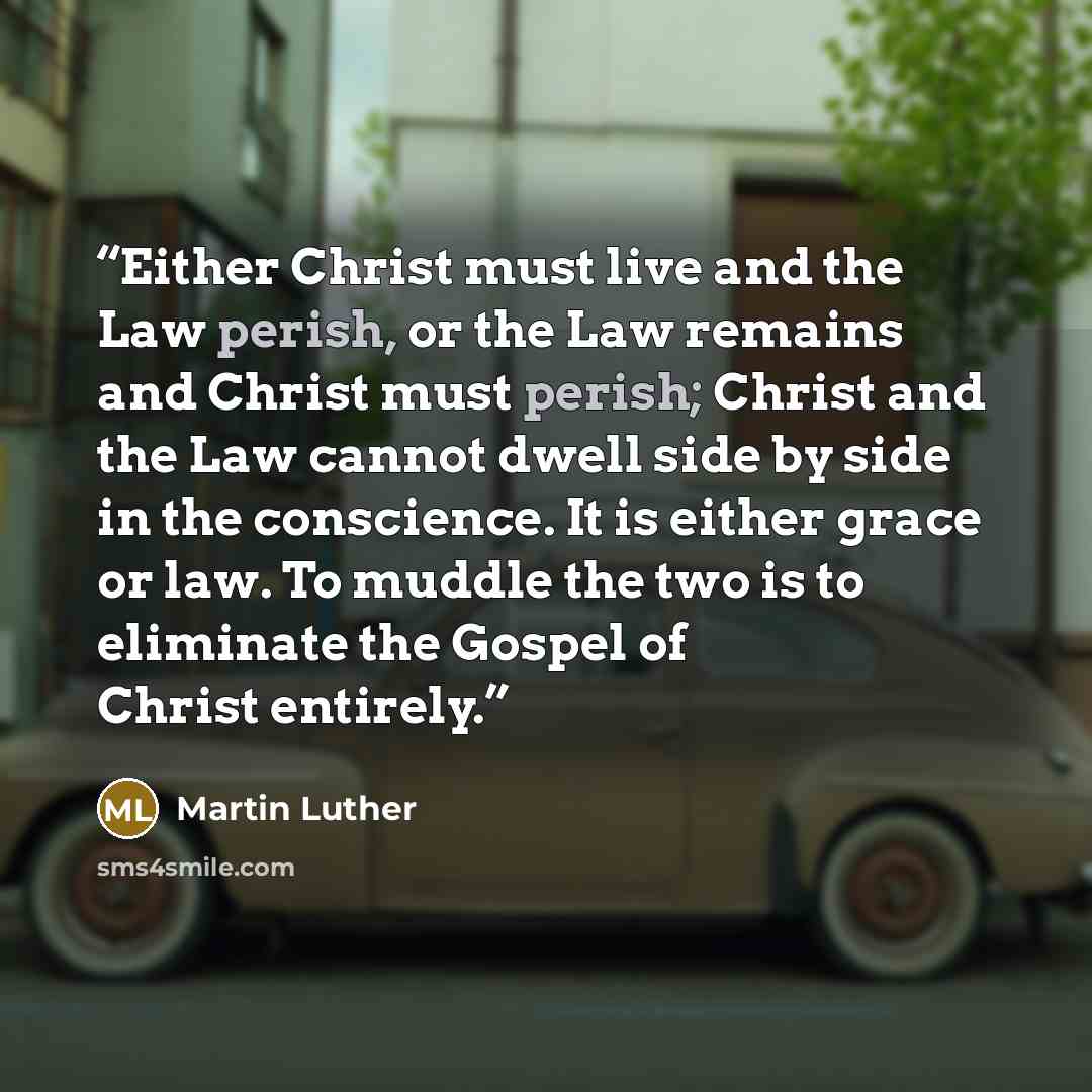 “Either Christ must live and the Law perish, or the Law remains and Christ must perish; Christ and the Law cannot dwell side by side in the conscience. It is either grace or law. To muddle the two is to eliminate the Gospel of Christ entirely.” quote by Martin Luther