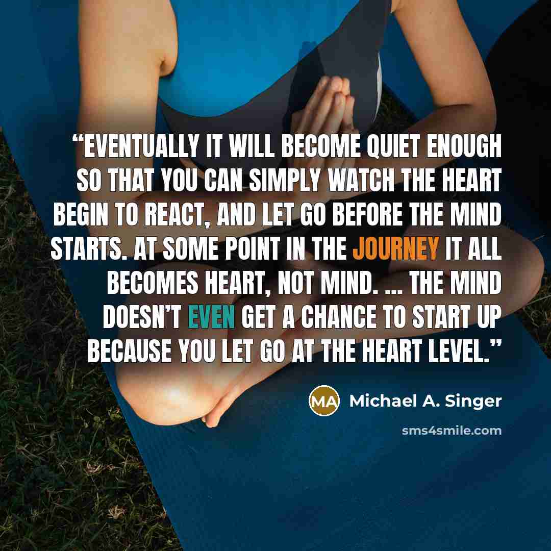 “Eventually it will become quiet enough so that you can simply watch the heart begin to react, and let go before the mind starts. At some point in the journey it all becomes heart, not mind. ... The mind doesn’t even get a chance to start up because you let go at the heart level.” quote by Michael A. Singer