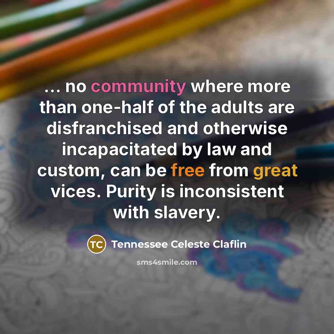 “... no community where more than one-half of the adults are disfranchised and otherwise incapacitated by law and custom, can be free from great vices. Purity is inconsistent with slavery.” quote by Tennessee Celeste Claflin