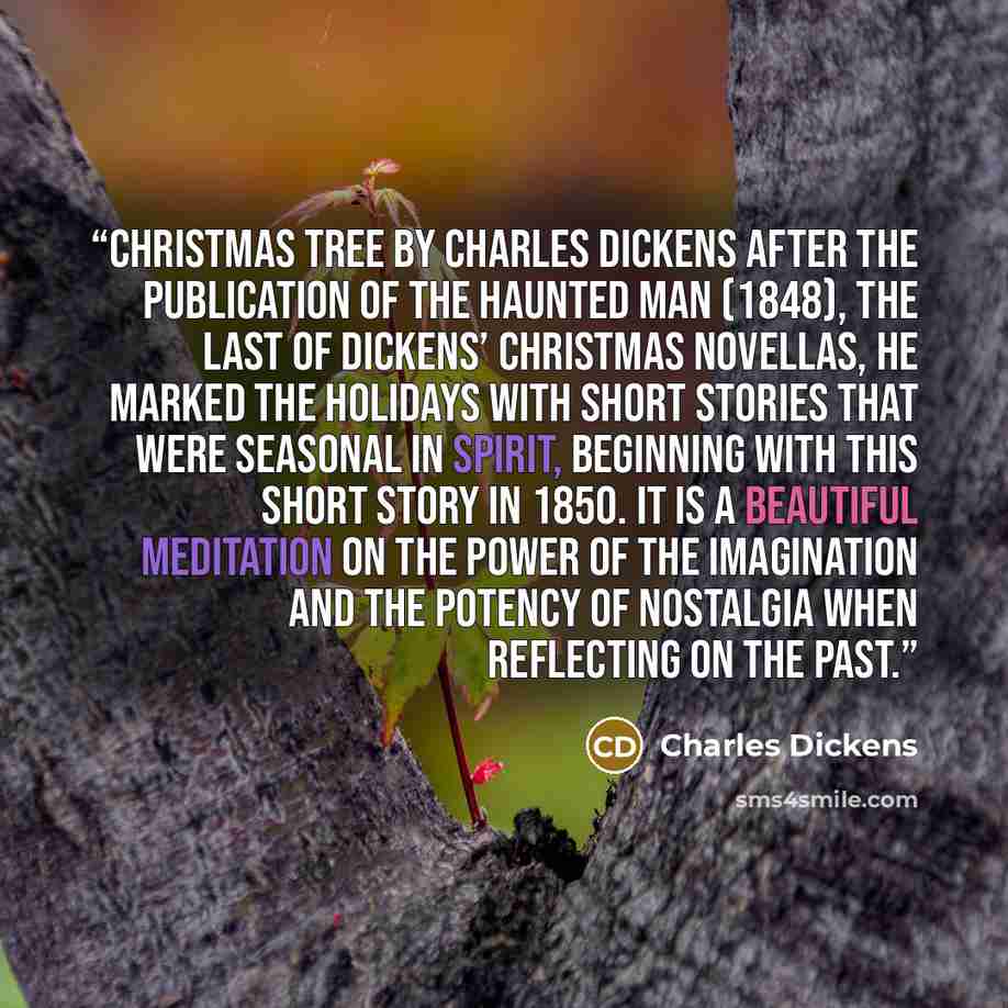 “CHRISTMAS TREE by Charles Dickens After the publication of The Haunted Man (1848), the last of Dickens’ Christmas novellas, he marked the holidays with short stories that were seasonal in spirit, beginning with this short story in 1850. It is a beautiful meditation on the power of the imagination…” quote by Charles Dickens