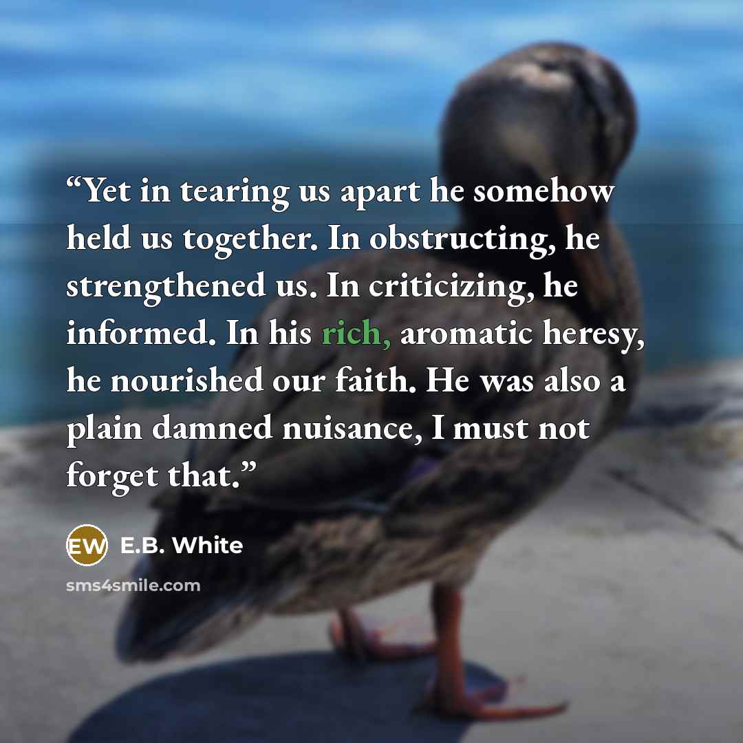 “Yet in tearing us apart he somehow held us together. In obstructing, he strengthened us. In criticizing, he informed. In his rich, aromatic heresy, he nourished our faith. He was also a plain damned nuisance, I must not forget that.” quote by E.B. White