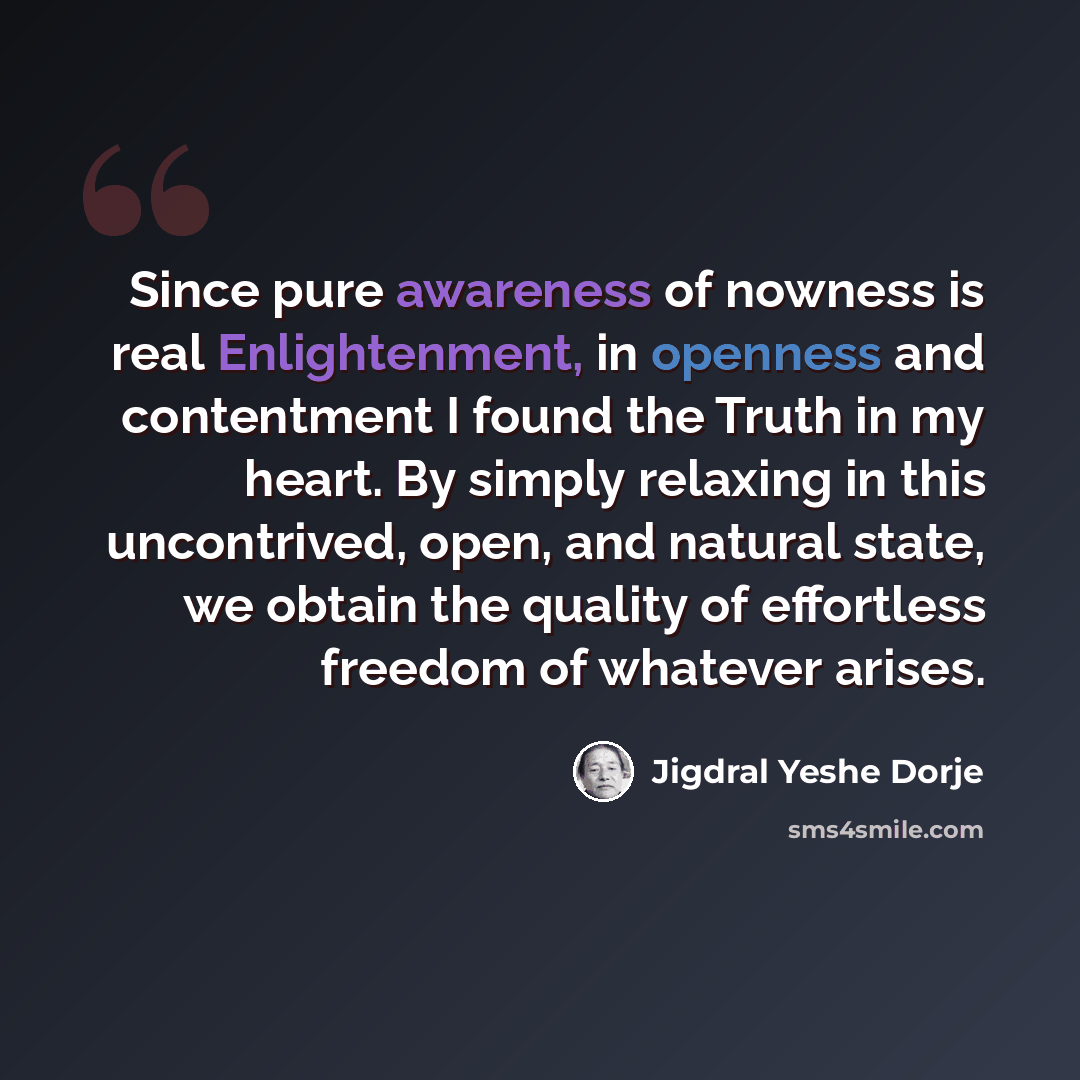 “Since pure awareness of nowness is real Enlightenment, in openness and contentment I found the Truth in my heart. By simply relaxing in this uncontrived, open, and natural state, we obtain the quality of effortless freedom of whatever arises.” quote by Jigdral Yeshe Dorje