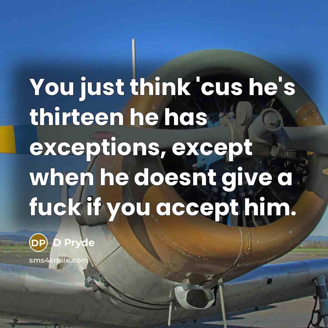 “You just think 'cus he's thirteen he has exceptions, except when he doesnt give a fuck if you accept him.” quote by D Pryde