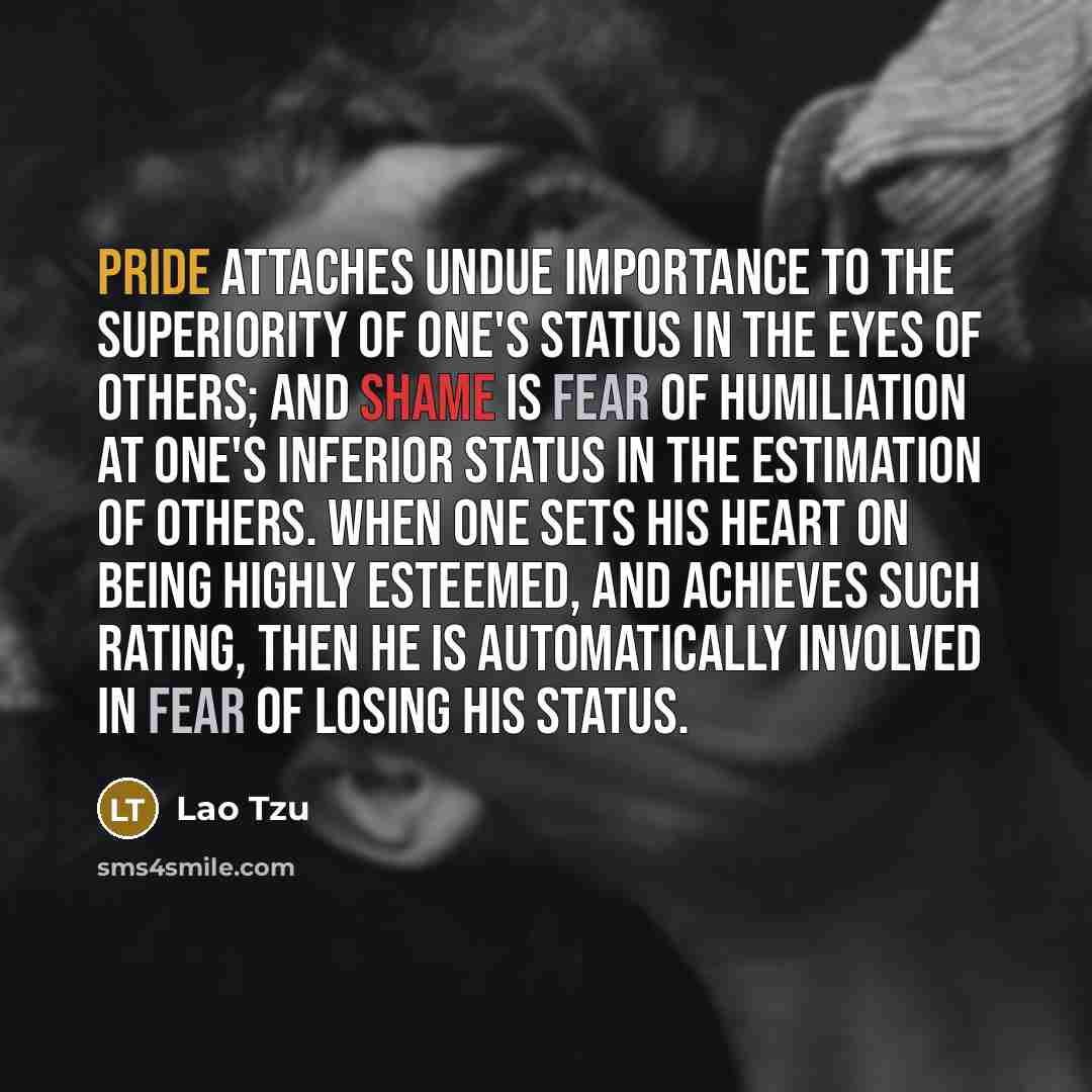 “Pride attaches undue importance to the superiority of one's status in the eyes of others; And shame is fear of humiliation at one's inferior status in the estimation of others. When one sets his heart on being highly esteemed, and achieves such rating, then he is automatically involved in fear of…” quote by Lao Tzu