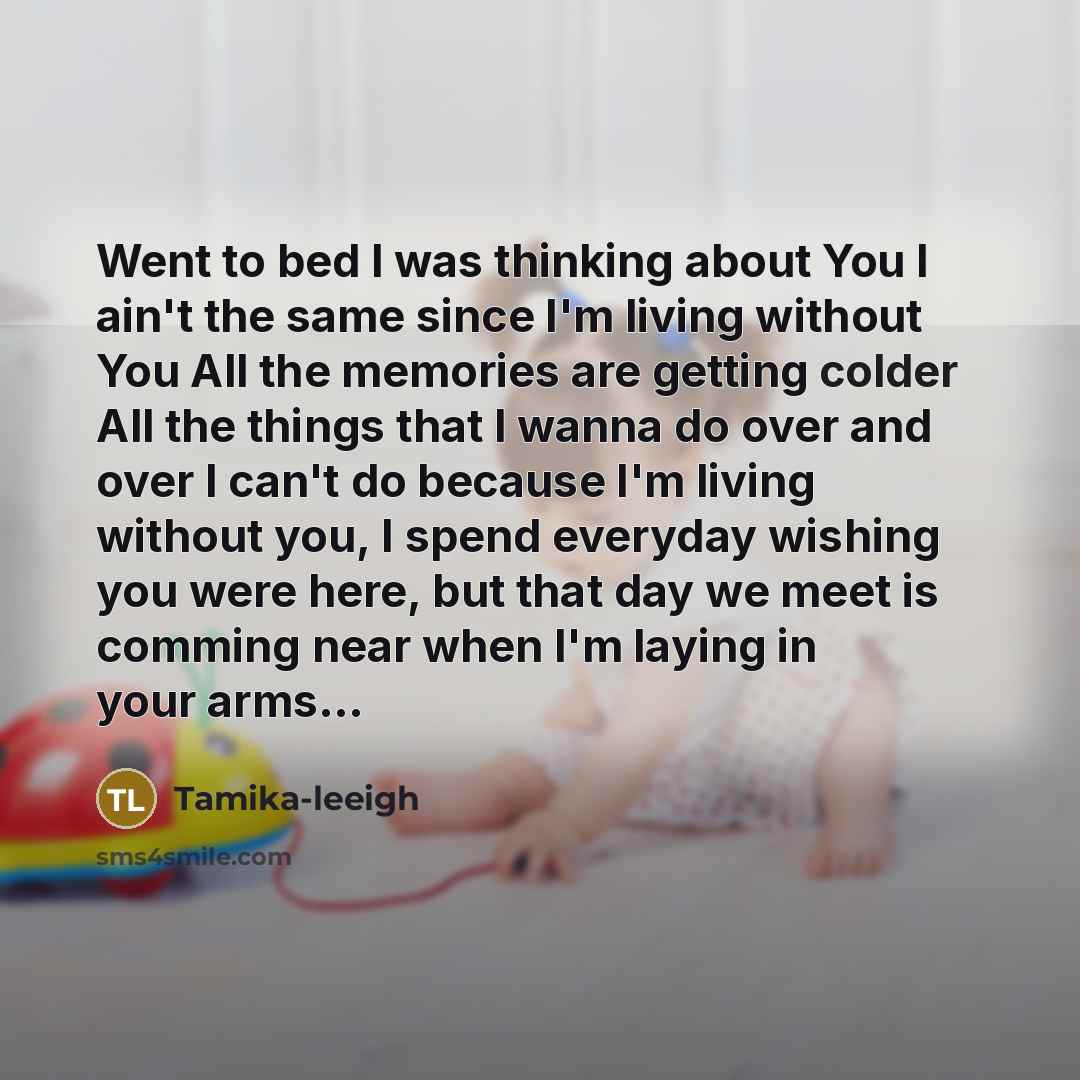 “Went to bed I was thinking about You I ain't the same since I'm living without You All the memories are getting colder All the things that I wanna do over and over I can't do because I'm living without you, I spend everyday wishing you were here, but that day we meet is comming near when I'm…” quote by Tamika-leeigh