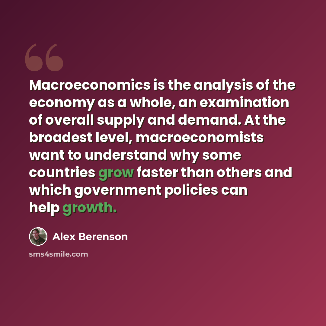 “Macroeconomics is the analysis of the economy as a whole, an examination of overall supply and demand. At the broadest level, macroeconomists want to understand why some countries grow faster than others and which government policies can help growth.” quote by Alex Berenson