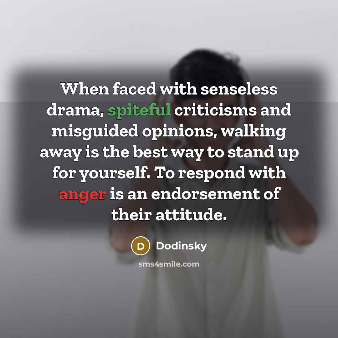 “When faced with senseless drama, spiteful criticisms and misguided opinions, walking away is the best way to stand up for yourself. To respond with anger is an endorsement of their attitude.” quote by Dodinsky