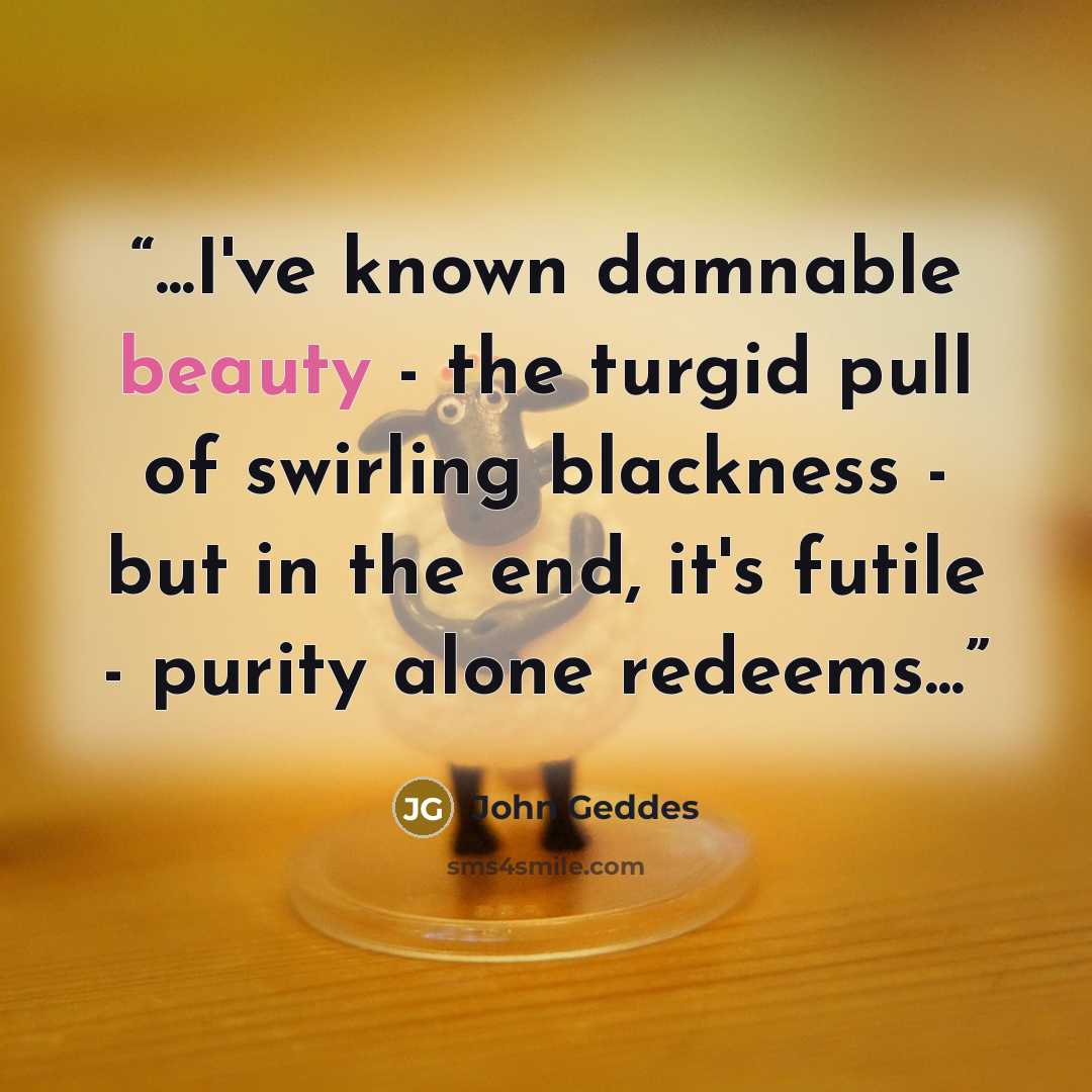 “...I've known damnable beauty - the turgid pull of swirling blackness - but in the end, it's futile - purity alone redeems...” quote by John Geddes