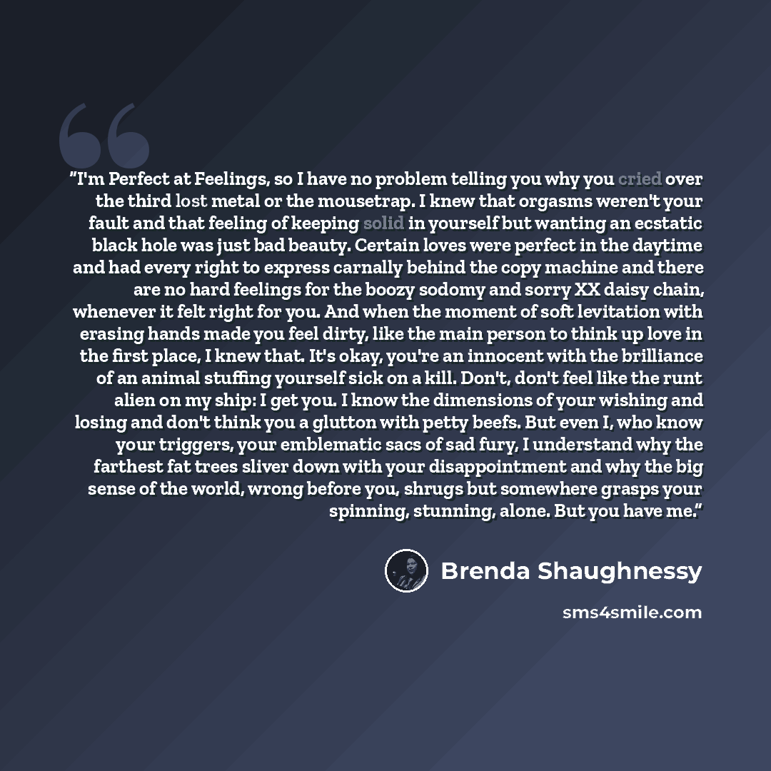 “I'm Perfect at Feelings, so I have no problem telling you why you cried over the third lost metal or the mousetrap. I knew that orgasms weren't your fault and that feeling of keeping solid in yourself but wanting an ecstatic black hole was just bad beauty. Certain loves were perfect in the daytime…” quote by Brenda Shaughnessy