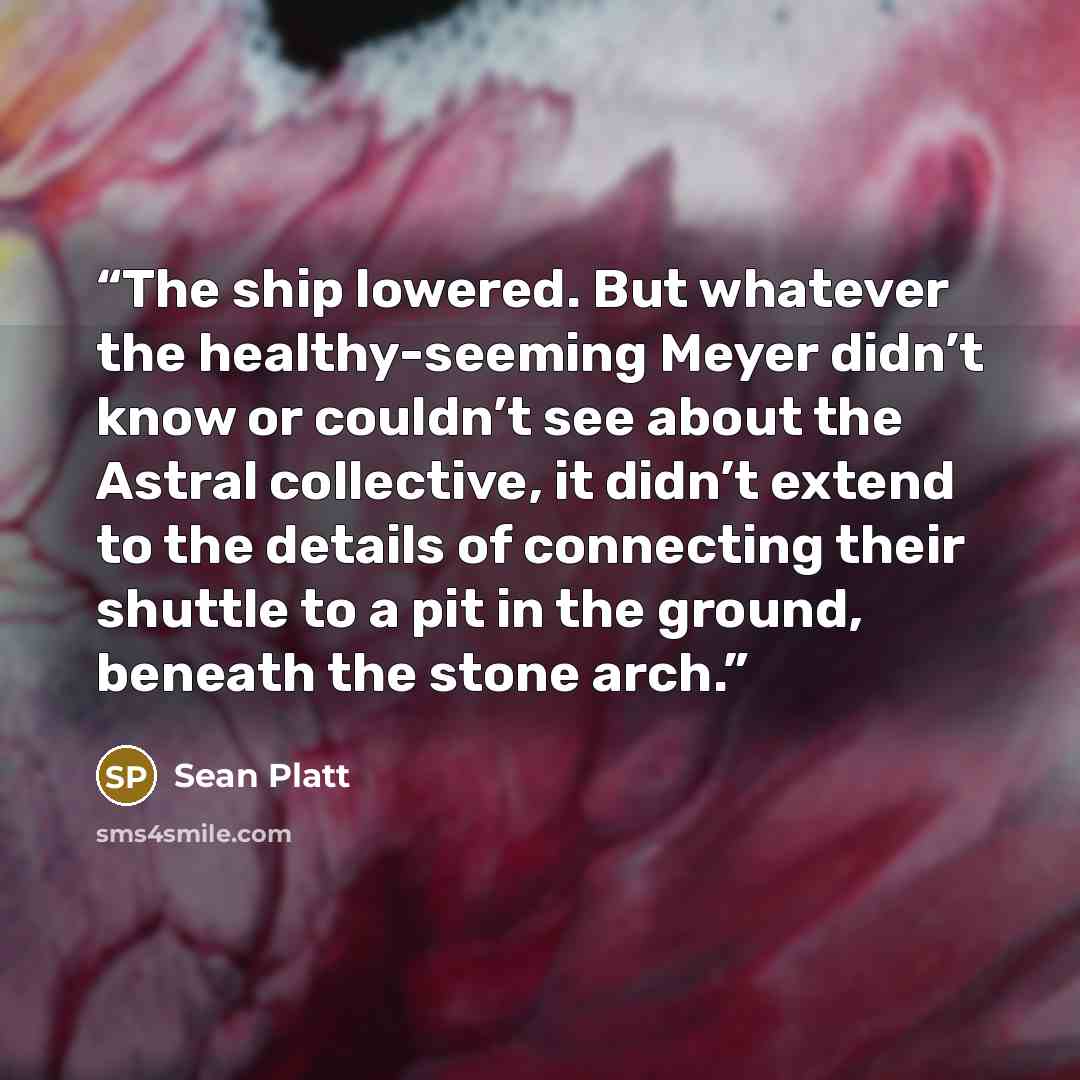 “The ship lowered. But whatever the healthy-seeming Meyer didn’t know or couldn’t see about the Astral collective, it didn’t extend to the details of connecting their shuttle to a pit in the ground, beneath the stone arch.” quote by Sean Platt