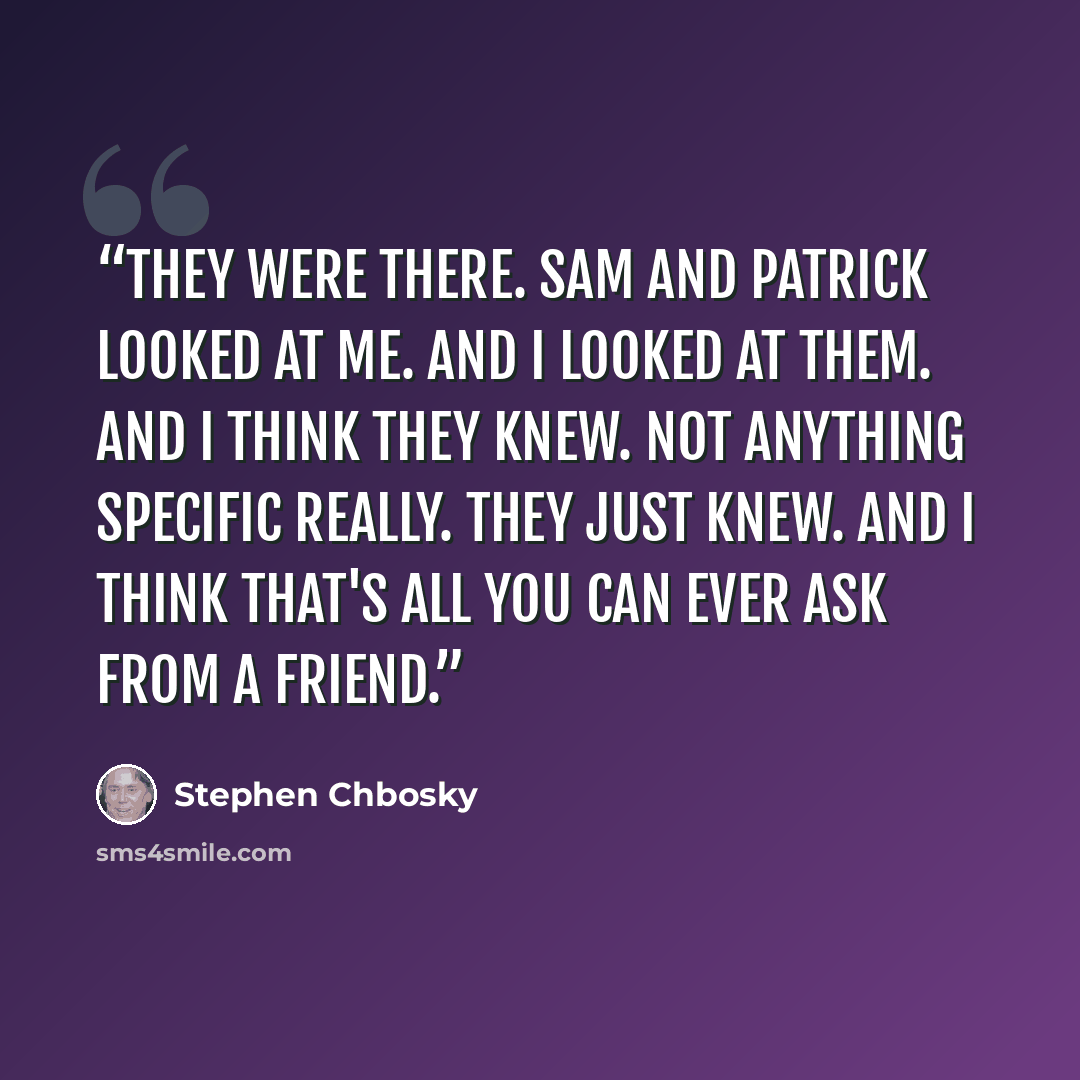 “they were there. Sam and Patrick looked at me. And I looked at them. And I think they knew. Not anything specific really. They just knew. And I think that's all you can ever ask from a friend.” quote by Stephen Chbosky