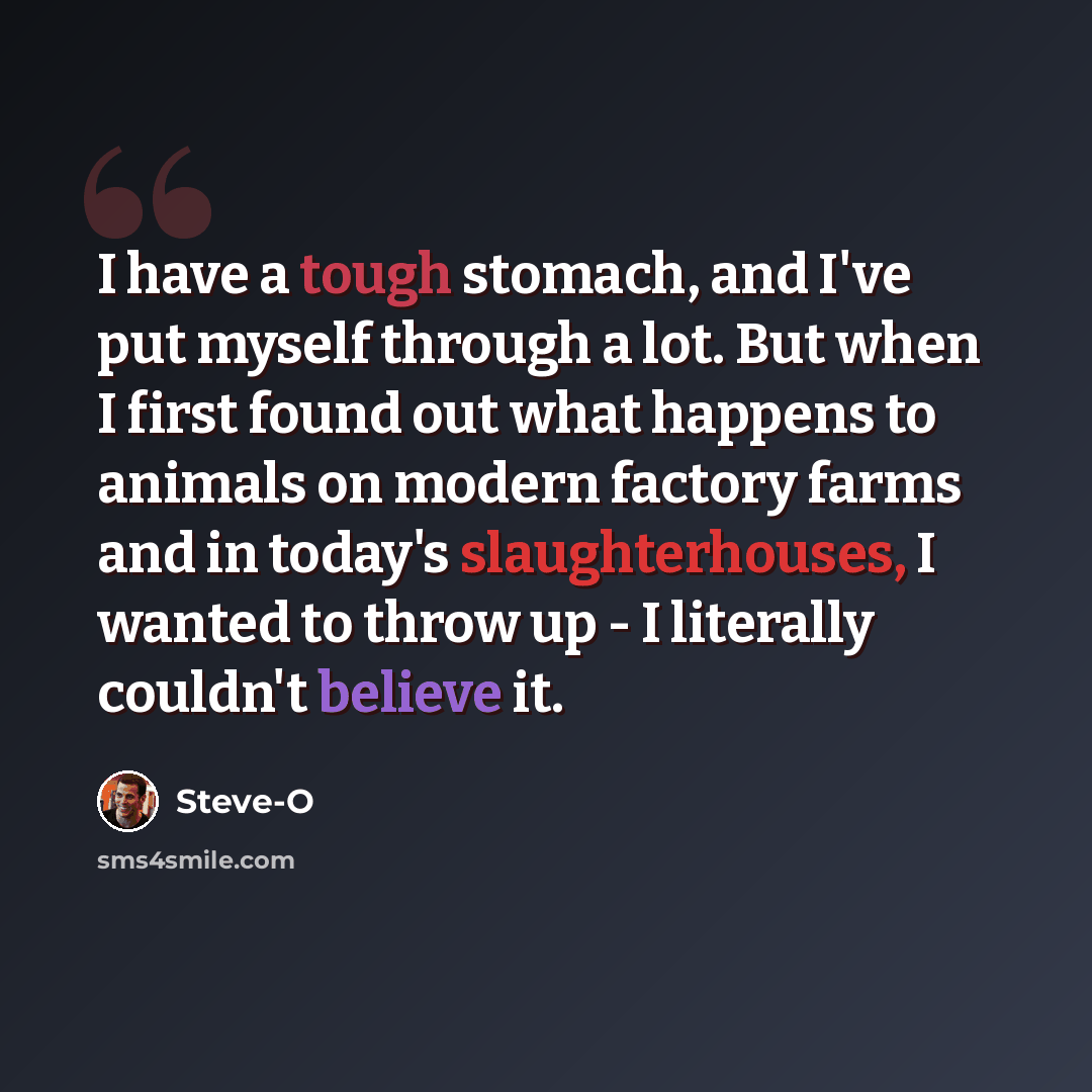 “I have a tough stomach, and I've put myself through a lot. But when I first found out what happens to animals on modern factory farms and in today's slaughterhouses, I wanted to throw up - I literally couldn't believe it.” quote by Steve-O