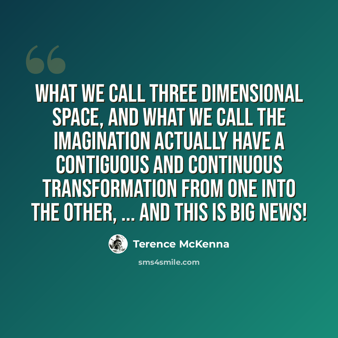 “What we call three dimensional space, and what we call the imagination actually have a contiguous and continuous transformation from one into the other, ... and THIS is big news!” quote by Terence McKenna