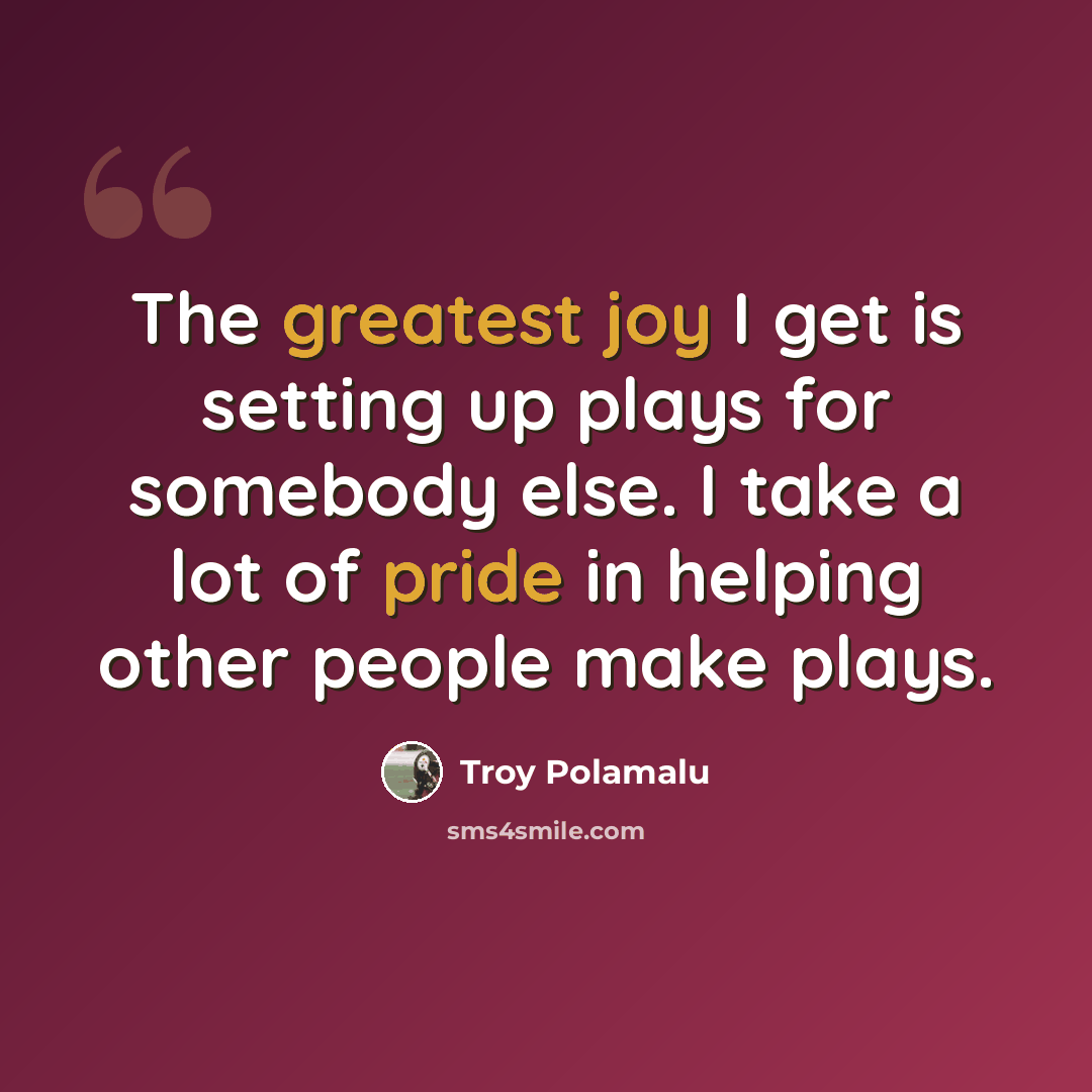 “The greatest joy I get is setting up plays for somebody else. I take a lot of pride in helping other people make plays.” quote by Troy Polamalu