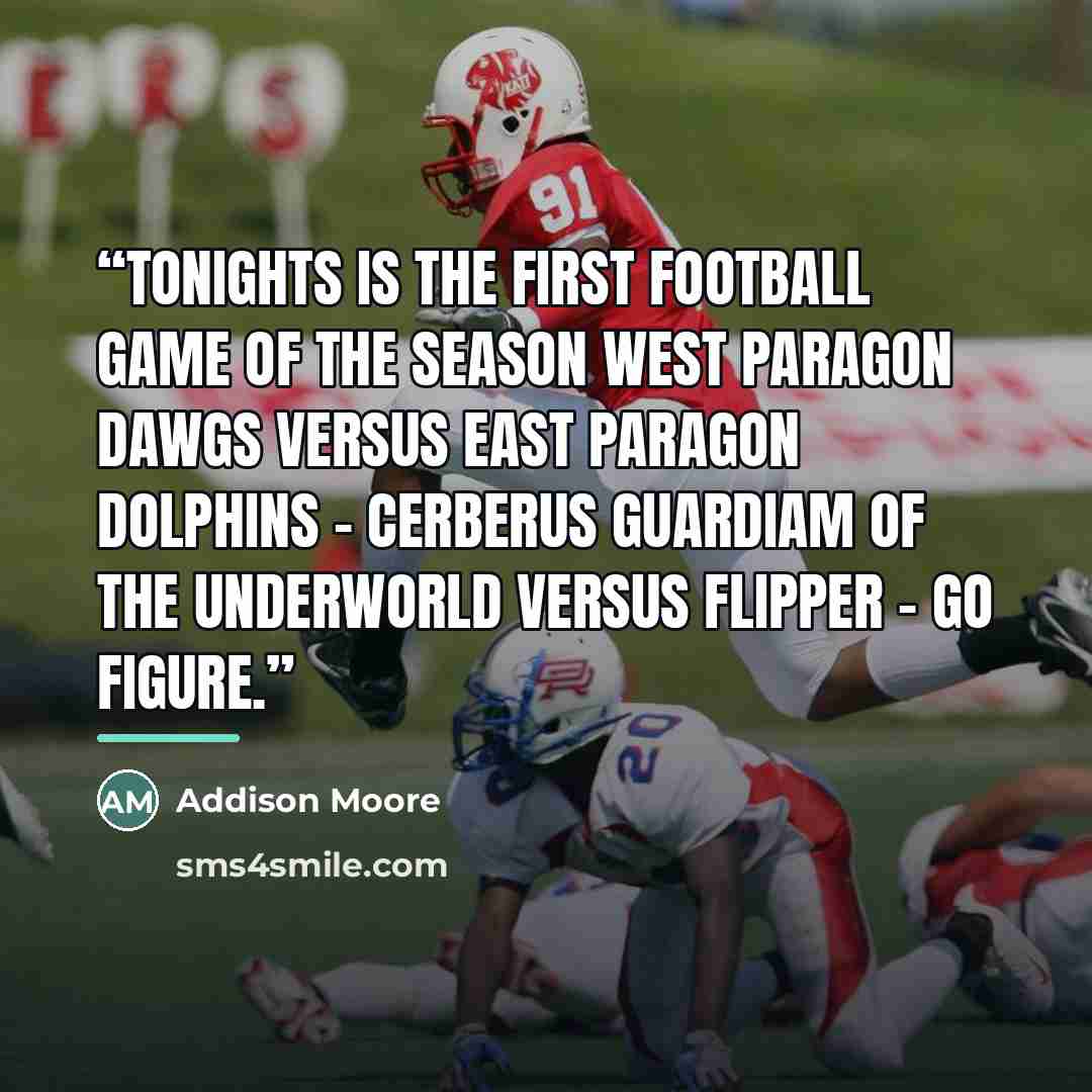 “Tonights is the first football game of the season West Paragon Dawgs versus East Paragon Dolphins - Cerberus guardiam of the underworld versus Flipper - go figure.” quote by Addison Moore