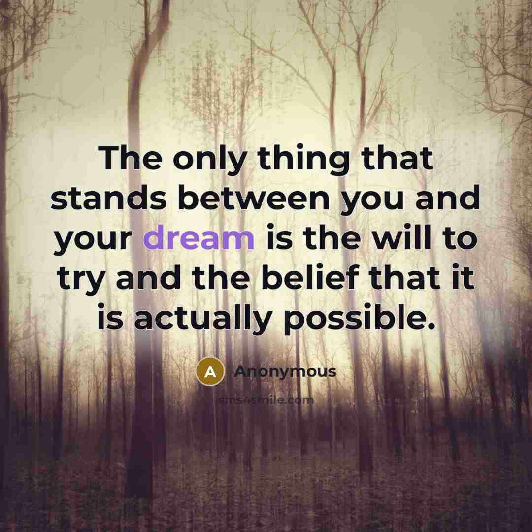 “The only thing that stands between you and your dream is the will to try and the belief that it is actually possible.” quote by Anonymous