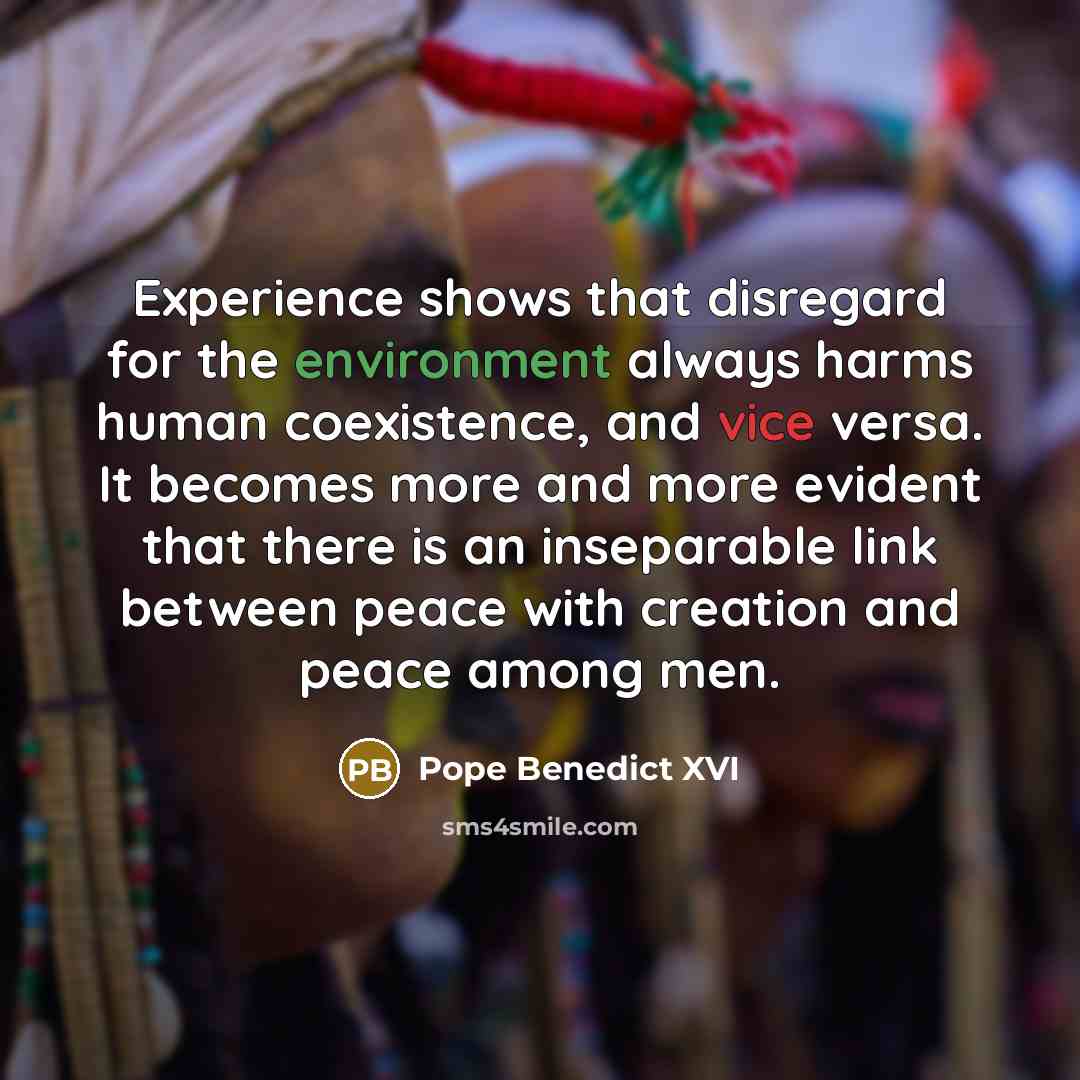 “Experience shows that disregard for the environment always harms human coexistence, and vice versa. It becomes more and more evident that there is an inseparable link between peace with creation and peace among men.” quote by Pope Benedict XVI