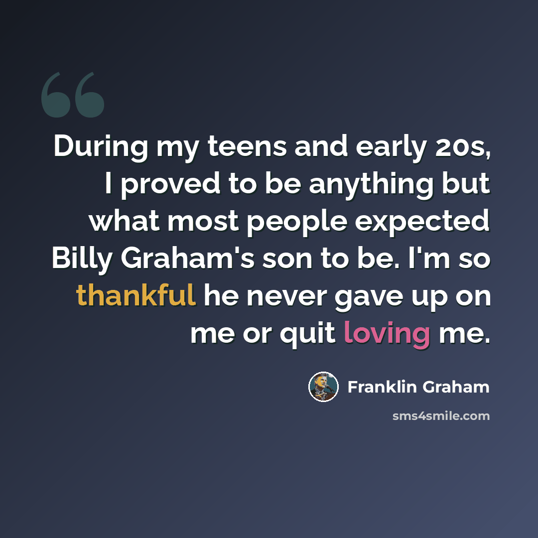 “During my teens and early 20s, I proved to be anything but what most people expected Billy Graham's son to be. I'm so thankful he never gave up on me or quit loving me.” quote by Franklin Graham