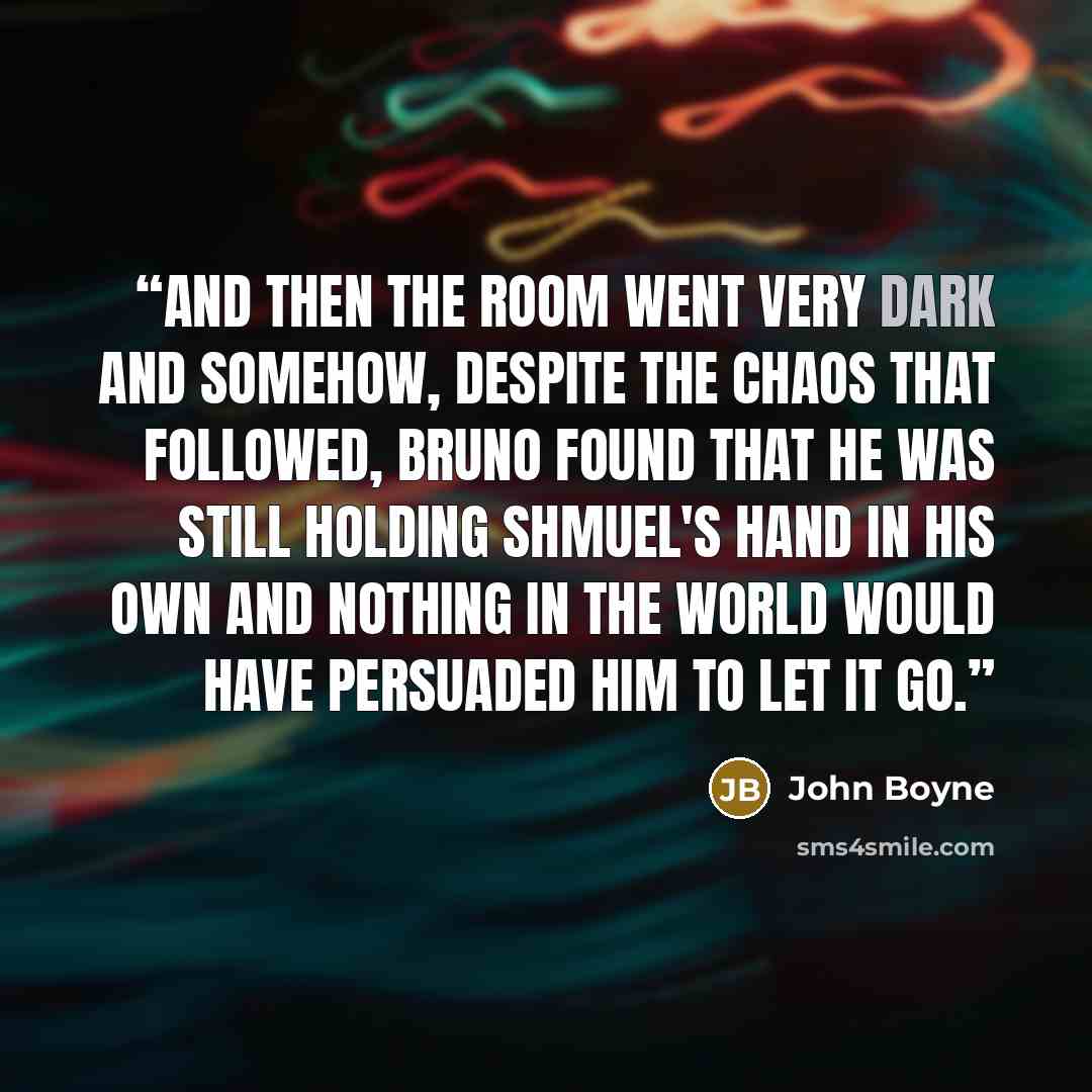 “And then the room went very dark and somehow, despite the chaos that followed, Bruno found that he was still holding Shmuel's hand in his own and nothing in the world would have persuaded him to let it go.” quote by John Boyne