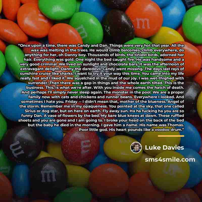 “Once upon a time, there was Candy and Dan. Things were very hot that year. All the wax was melting in the trees. He would climb balconies, climb everywhere, do anything for her, oh Danny boy. Thousands of birds, the tiniest birds, adorned her hair. Everything was gold. One night the bed caught…” quote by Luke Davies