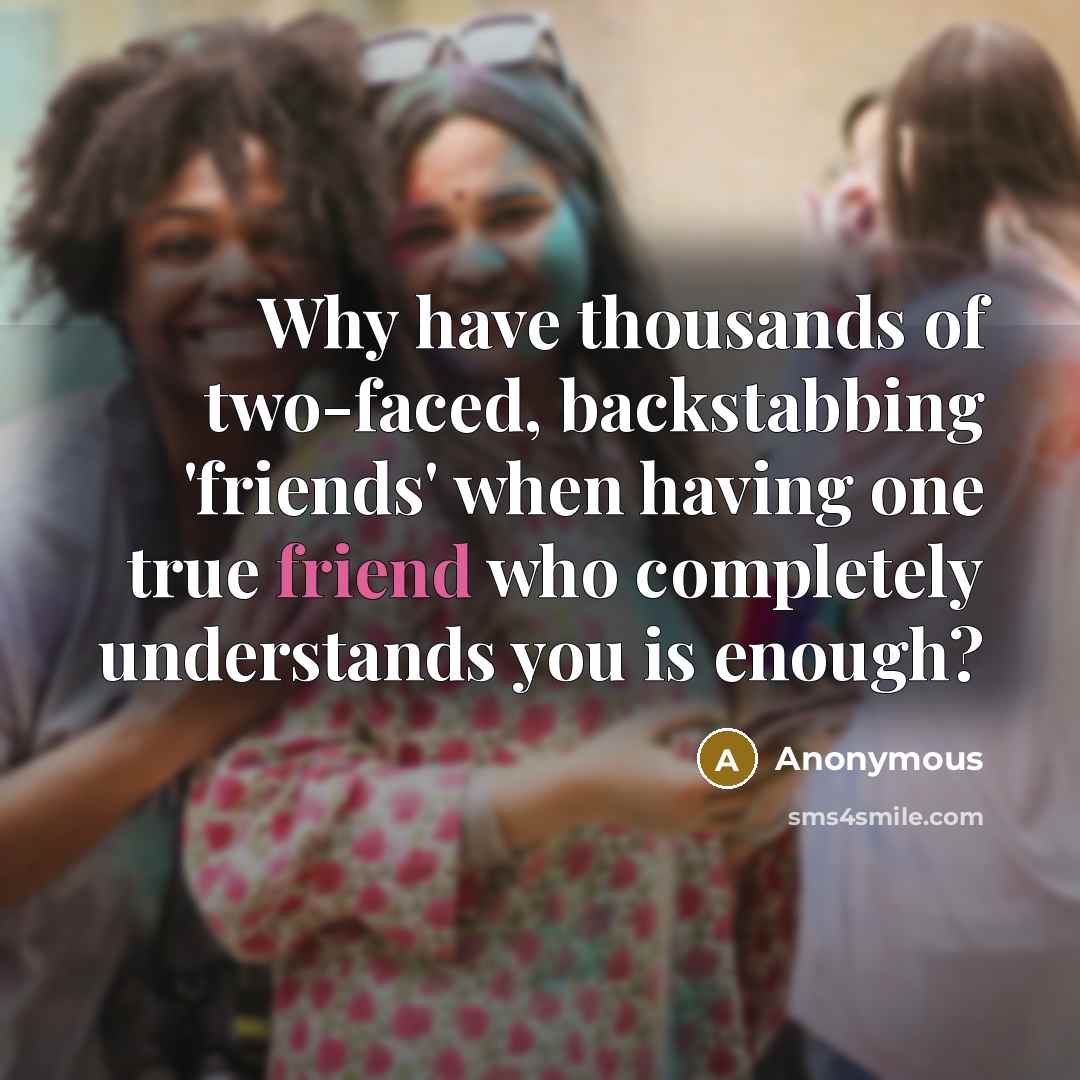 “Why have thousands of two-faced, backstabbing 'friends' when having one true friend who completely understands you is enough?” quote by Anonymous