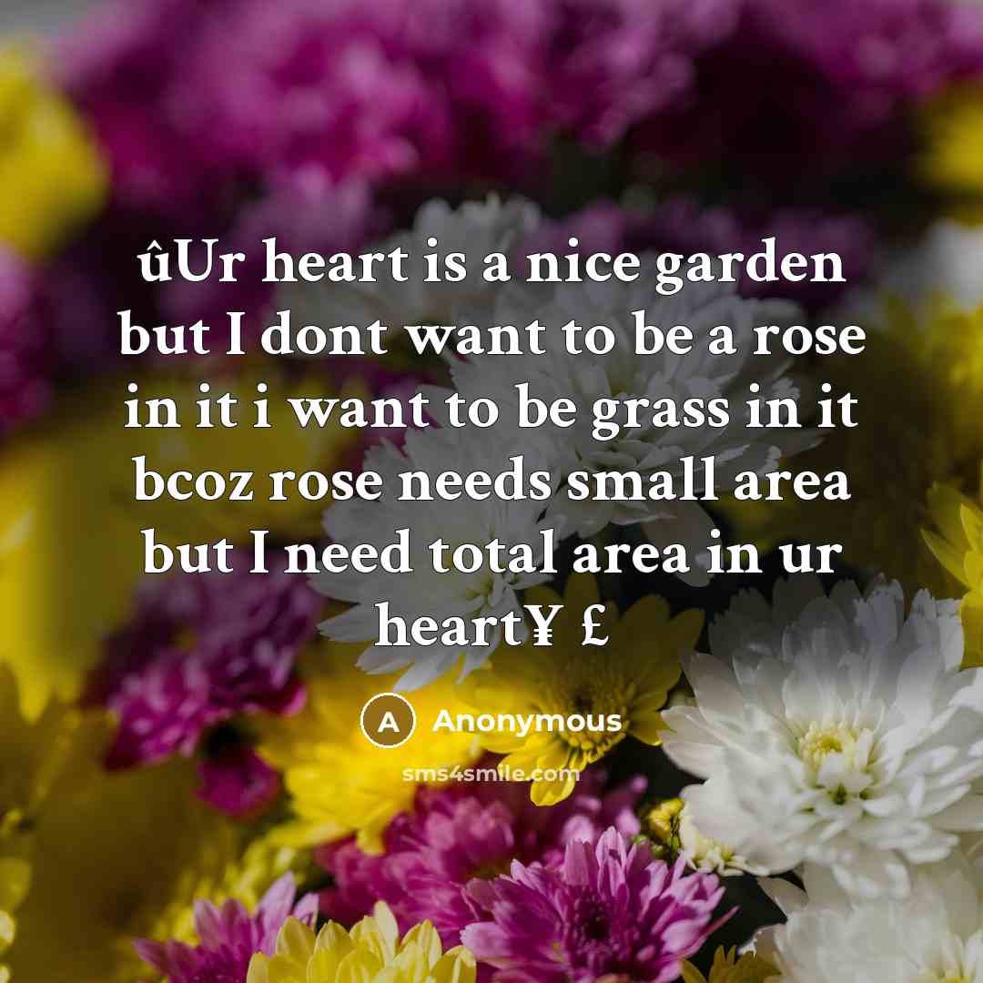 “ûUr heart is a nice garden but I dont want to be a rose in it i want to be grass in it bcoz rose needs small area but I need total area in ur heart¥ £” quote by Anonymous