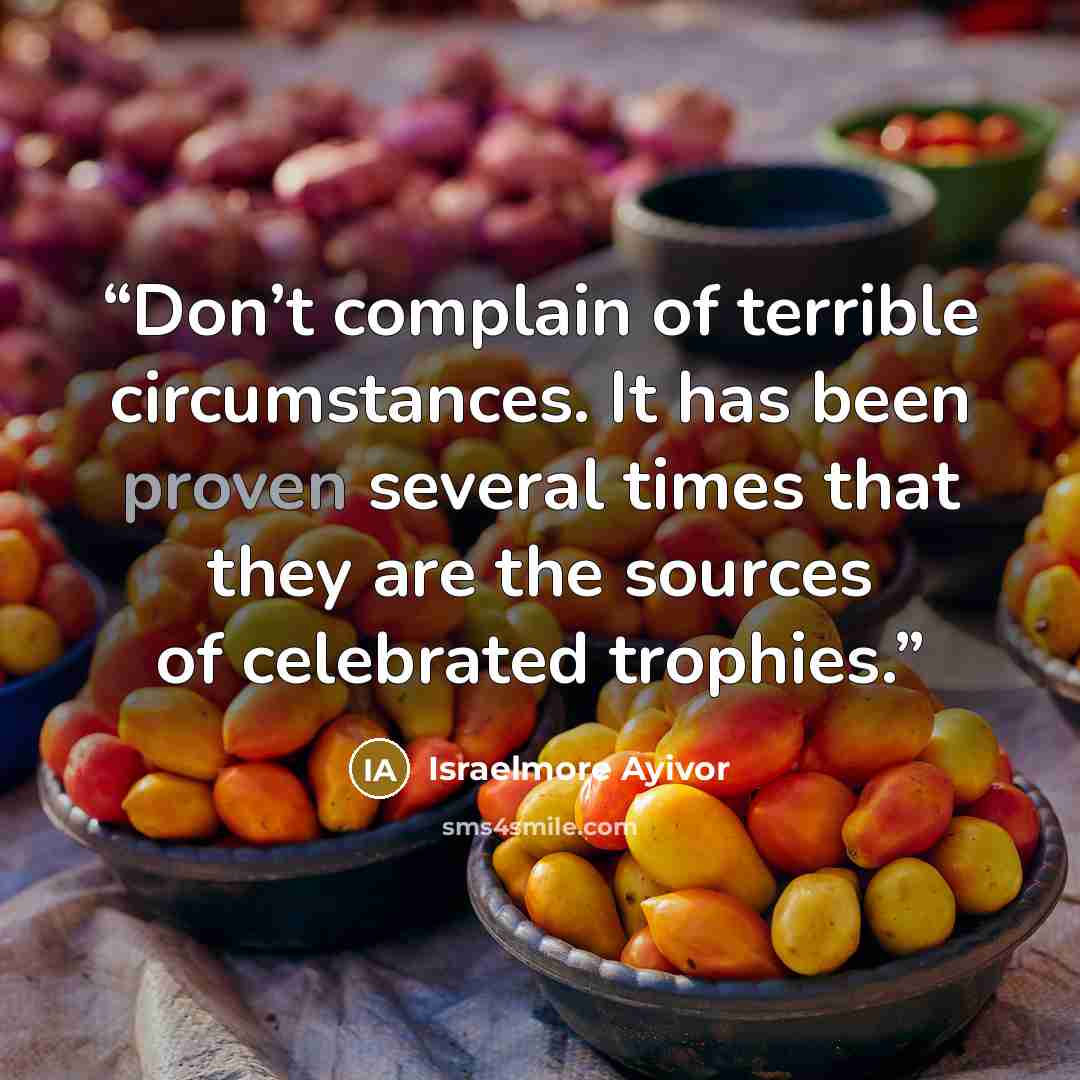 “Don’t complain of terrible circumstances. It has been proven several times that they are the sources of celebrated trophies.” quote by Israelmore Ayivor