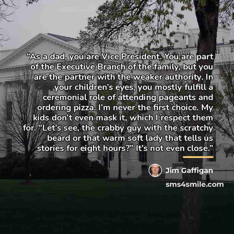 “As a dad, you are Vice President. You are part of the Executive Branch of the family, but you are the partner with the weaker authority. In your children’s eyes, you mostly fulfill a ceremonial role of attending pageants and ordering pizza. I’m never the first choice. My kids don’t even mask it…” quote by Jim Gaffigan
