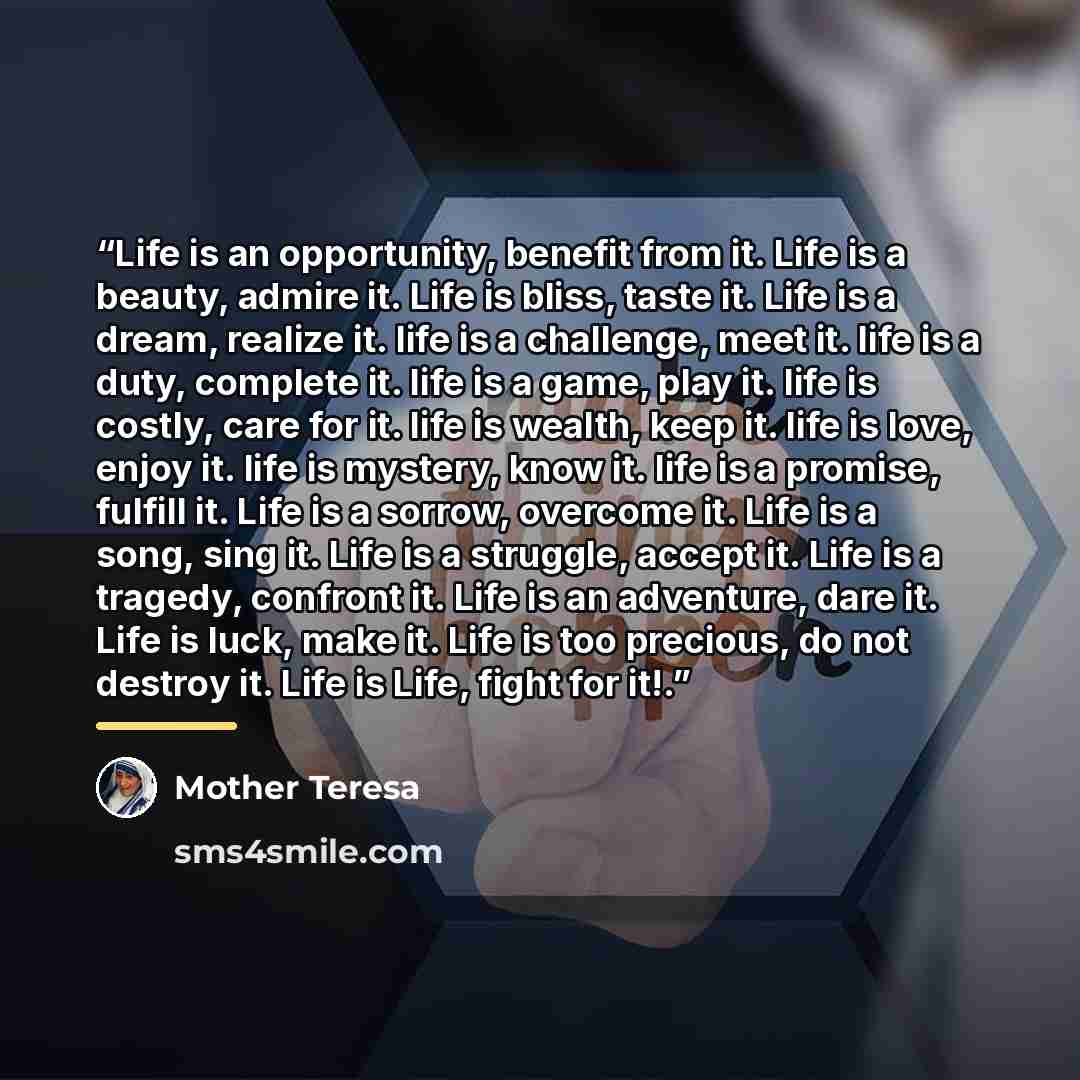 “Life is an opportunity, benefit from it. Life is a beauty, admire it. Life is bliss, taste it. Life is a dream, realize it. life is a challenge, meet it. life is a duty, complete it. life is a game, play it. life is costly, care for it. life is wealth, keep it. life is love, enjoy it. life is…” quote by Mother Teresa