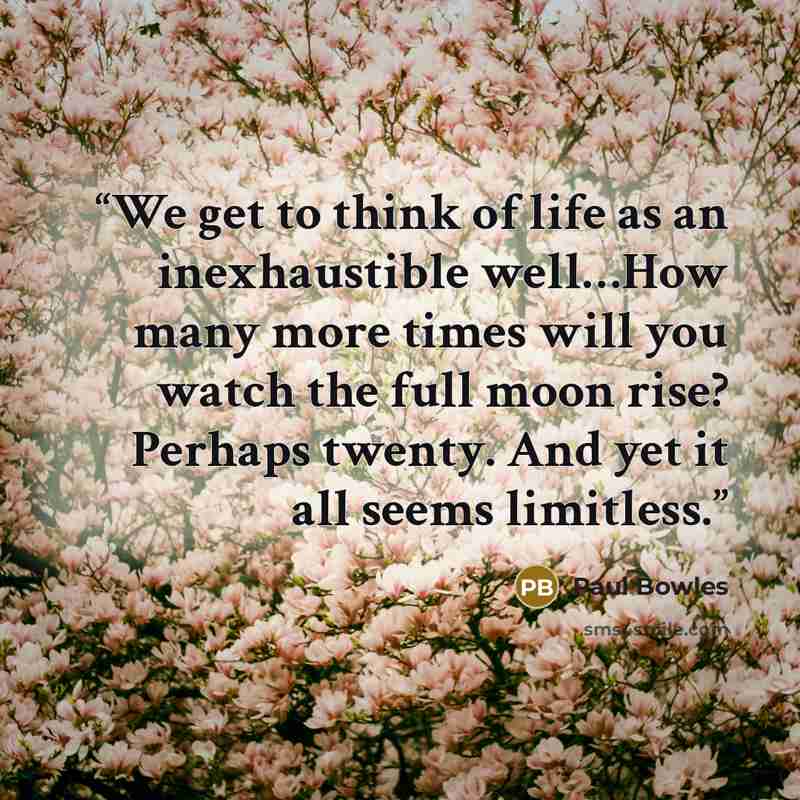 “We get to think of life as an inexhaustible well…How many more times will you watch the full moon rise? Perhaps twenty. And yet it all seems limitless.” quote by Paul Bowles
