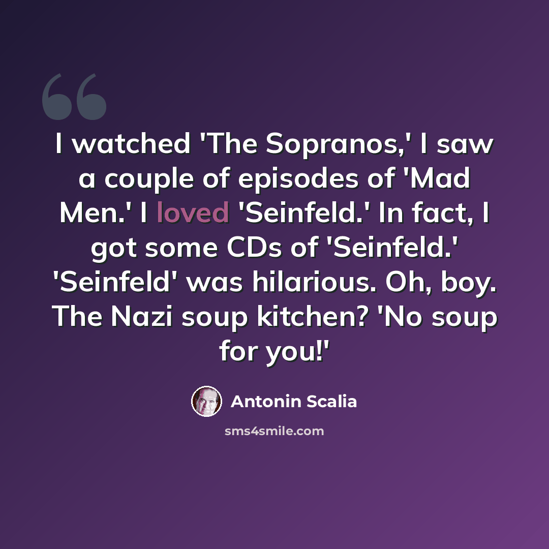 “I watched 'The Sopranos,' I saw a couple of episodes of 'Mad Men.' I loved 'Seinfeld.' In fact, I got some CDs of 'Seinfeld.' 'Seinfeld' was hilarious. Oh, boy. The Nazi soup kitchen? 'No soup for you!'” quote by Antonin Scalia