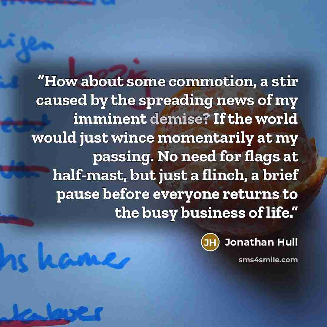 “How about some commotion, a stir caused by the spreading news of my imminent demise? If the world would just wince momentarily at my passing. No need for flags at half-mast, but just a flinch, a brief pause before everyone returns to the busy business of life.” quote by Jonathan Hull