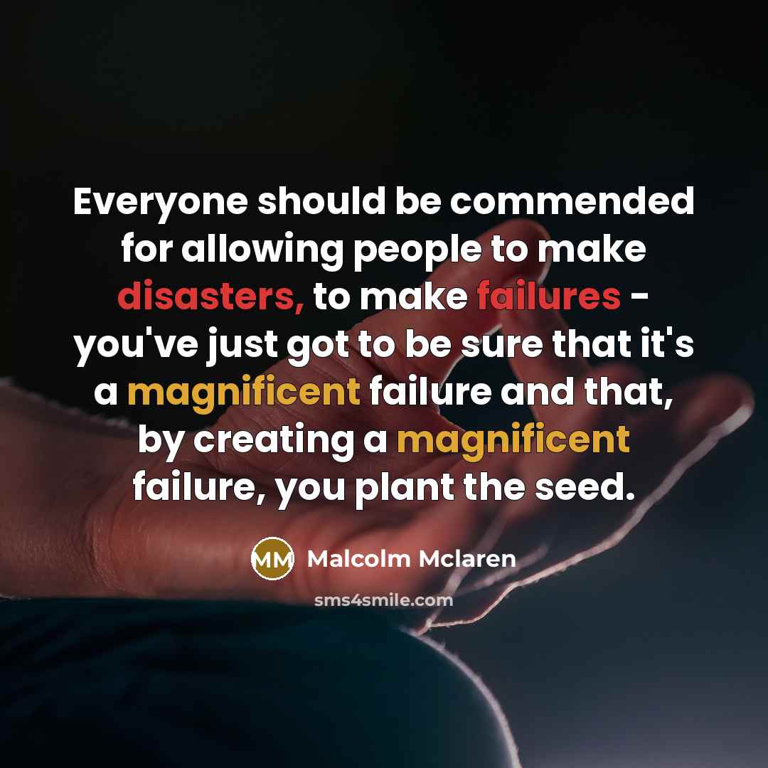 “Everyone should be commended for allowing people to make disasters, to make failures - you've just got to be sure that it's a magnificent failure and that, by creating a magnificent failure, you plant the seed.” quote by Malcolm Mclaren