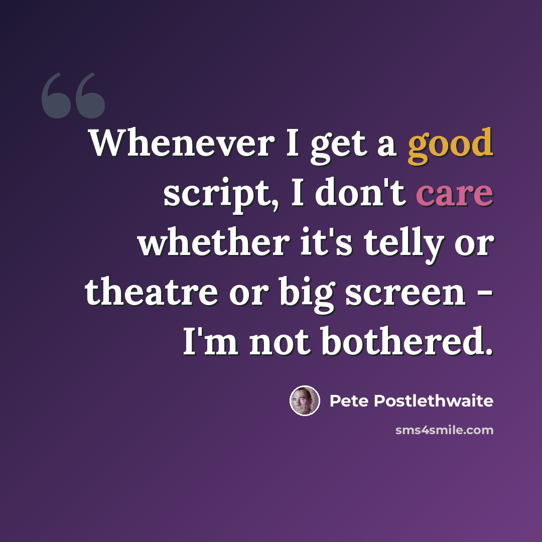 “Whenever I get a good script, I don't care whether it's telly or theatre or big screen - I'm not bothered.” quote by Pete Postlethwaite