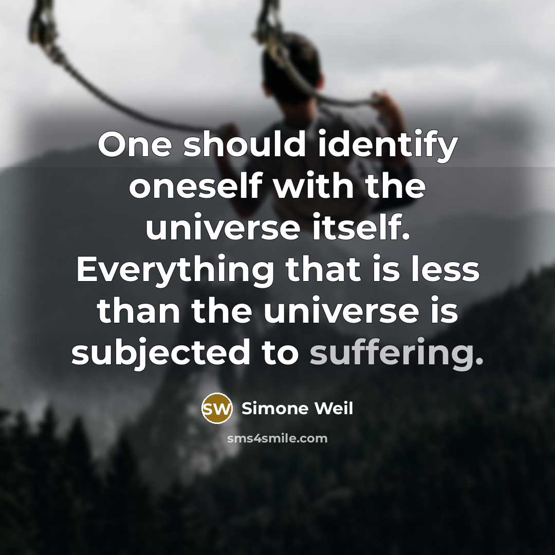 “One should identify oneself with the universe itself. Everything that is less than the universe is subjected to suffering.” quote by Simone Weil