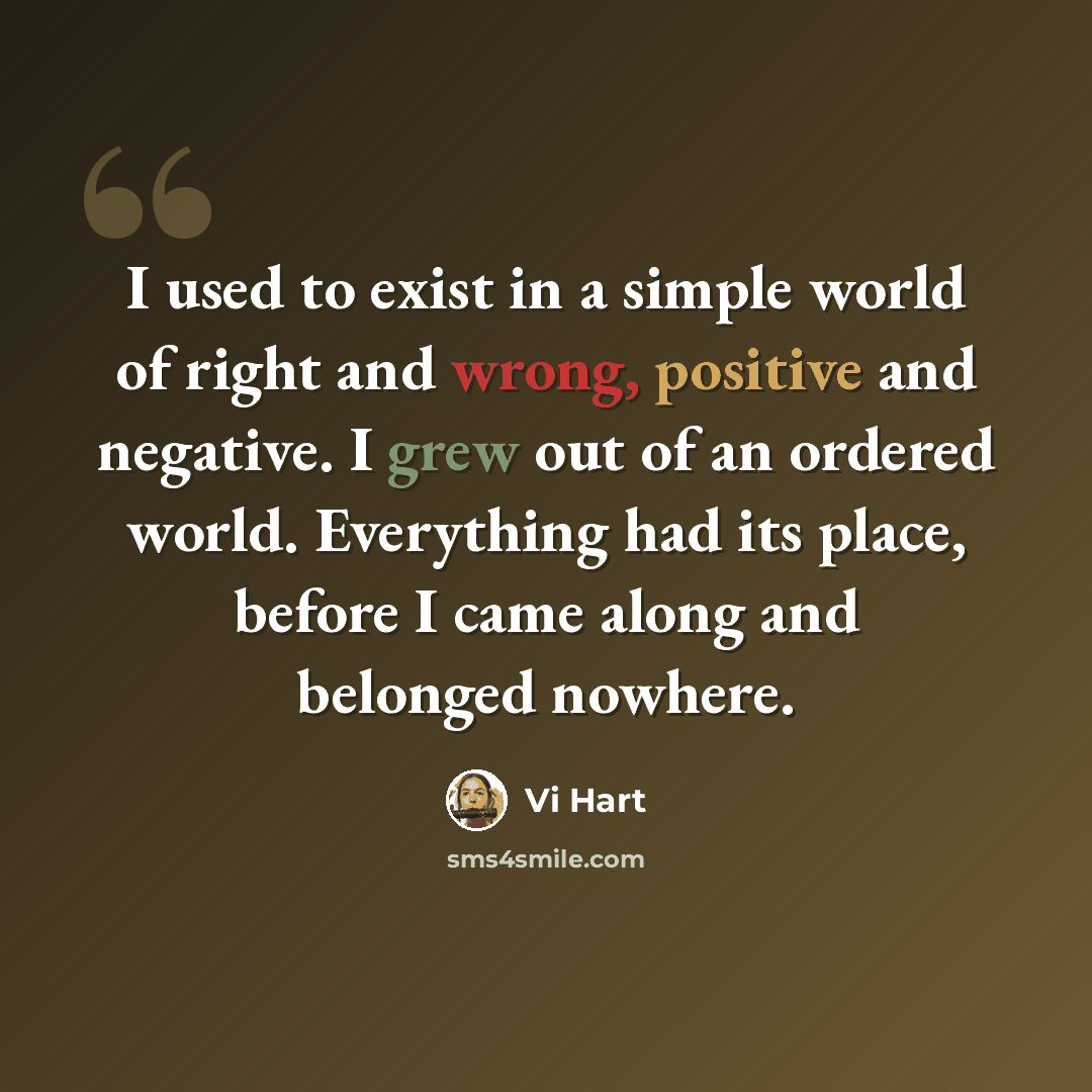 “I used to exist in a simple world of right and wrong, positive and negative. I grew out of an ordered world. Everything had its place, before I came along and belonged nowhere.” quote by Vi Hart
