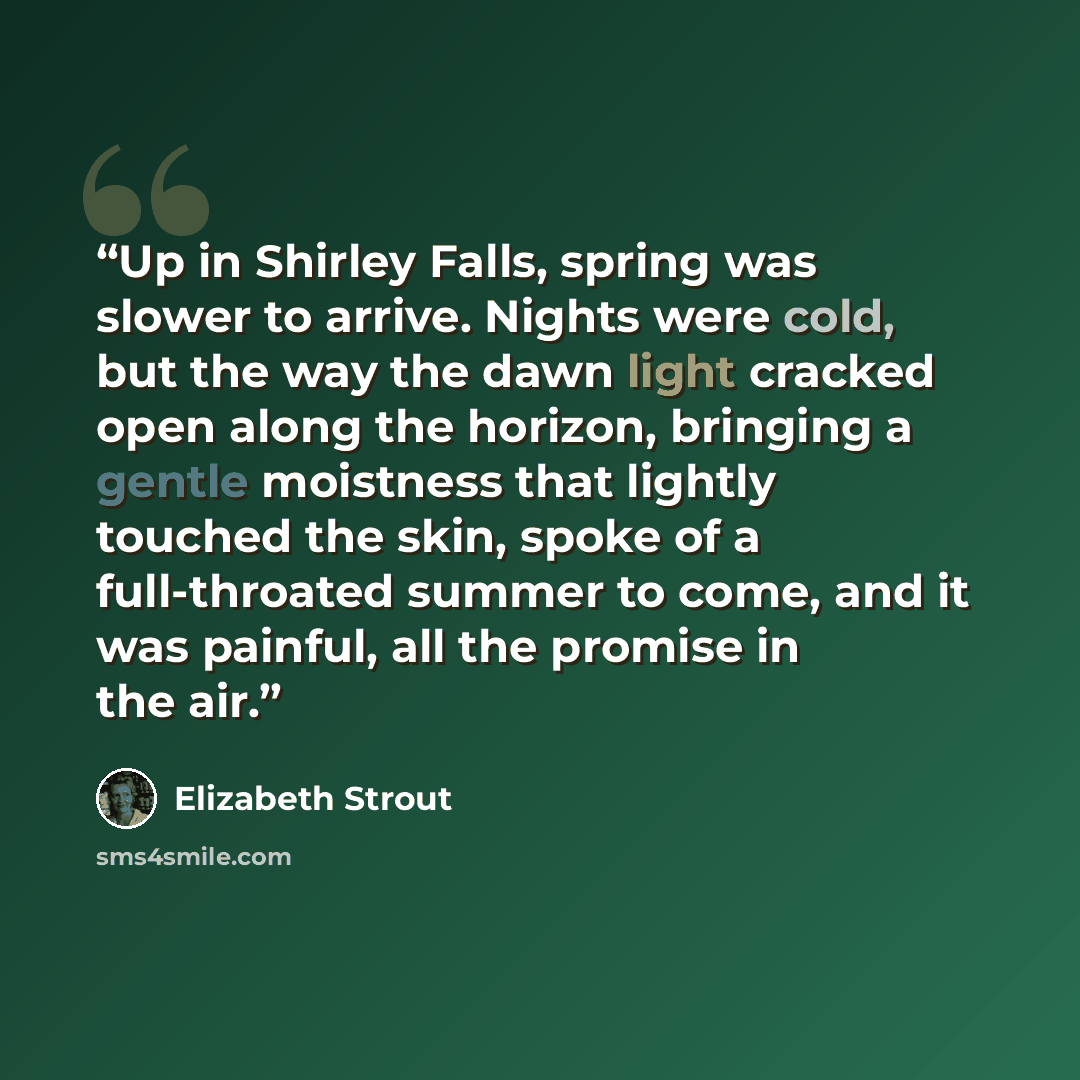 “Up in Shirley Falls, spring was slower to arrive. Nights were cold, but the way the dawn light cracked open along the horizon, bringing a gentle moistness that lightly touched the skin, spoke of a full-throated summer to come, and it was painful, all the promise in the air.” quote by Elizabeth Strout