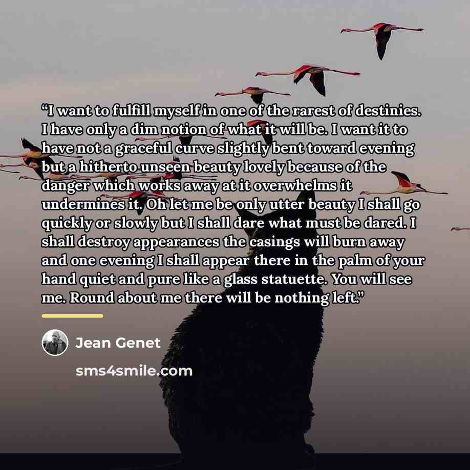 “I want to fulfill myself in one of the rarest of destinies. I have only a dim notion of what it will be. I want it to have not a graceful curve slightly bent toward evening but a hitherto unseen beauty lovely because of the danger which works away at it overwhelms it undermines it. Oh let me be…” quote by Jean Genet