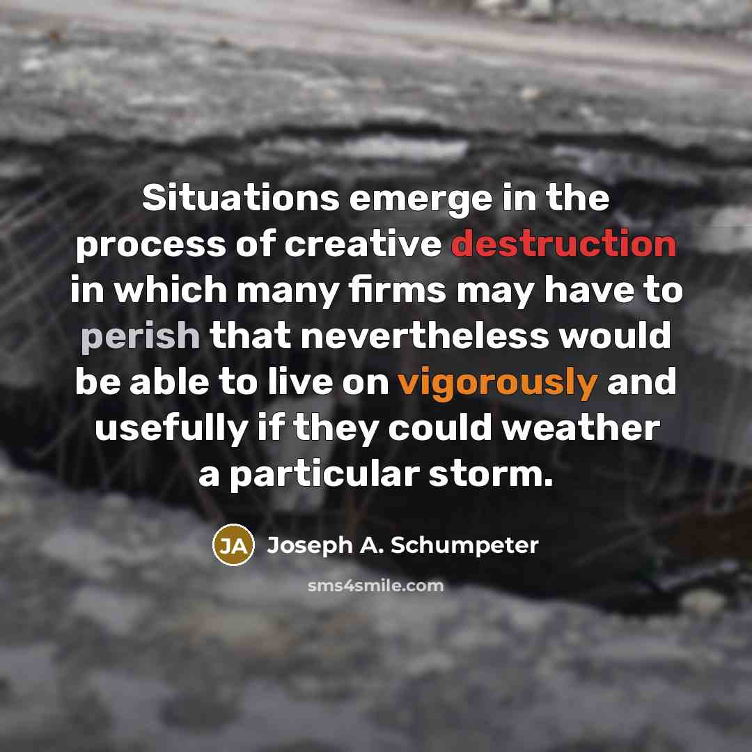 “Situations emerge in the process of creative destruction in which many firms may have to perish that nevertheless would be able to live on vigorously and usefully if they could weather a particular storm.” quote by Joseph A. Schumpeter