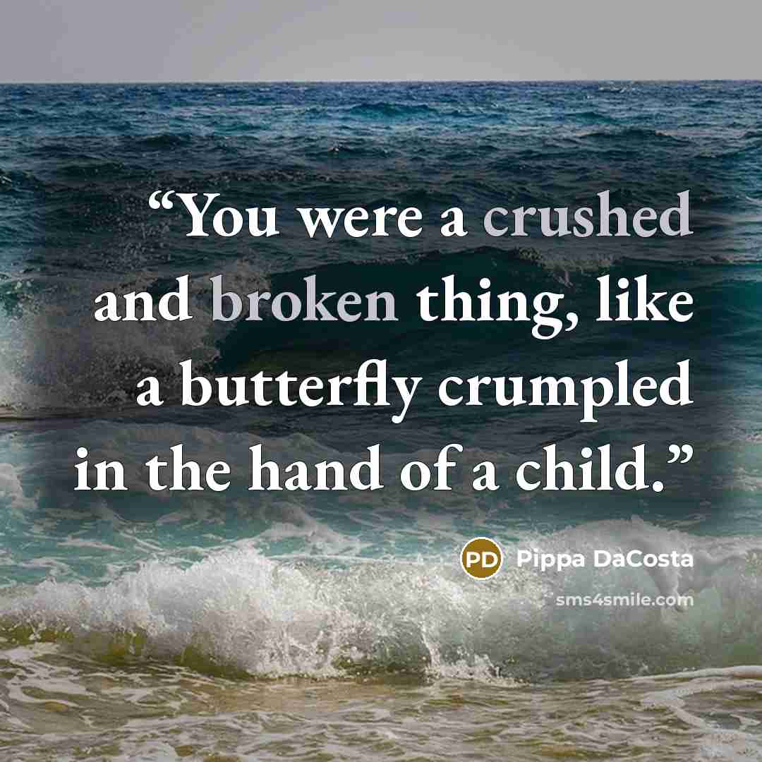 “You were a crushed and broken thing, like a butterfly crumpled in the hand of a child.” quote by Pippa DaCosta